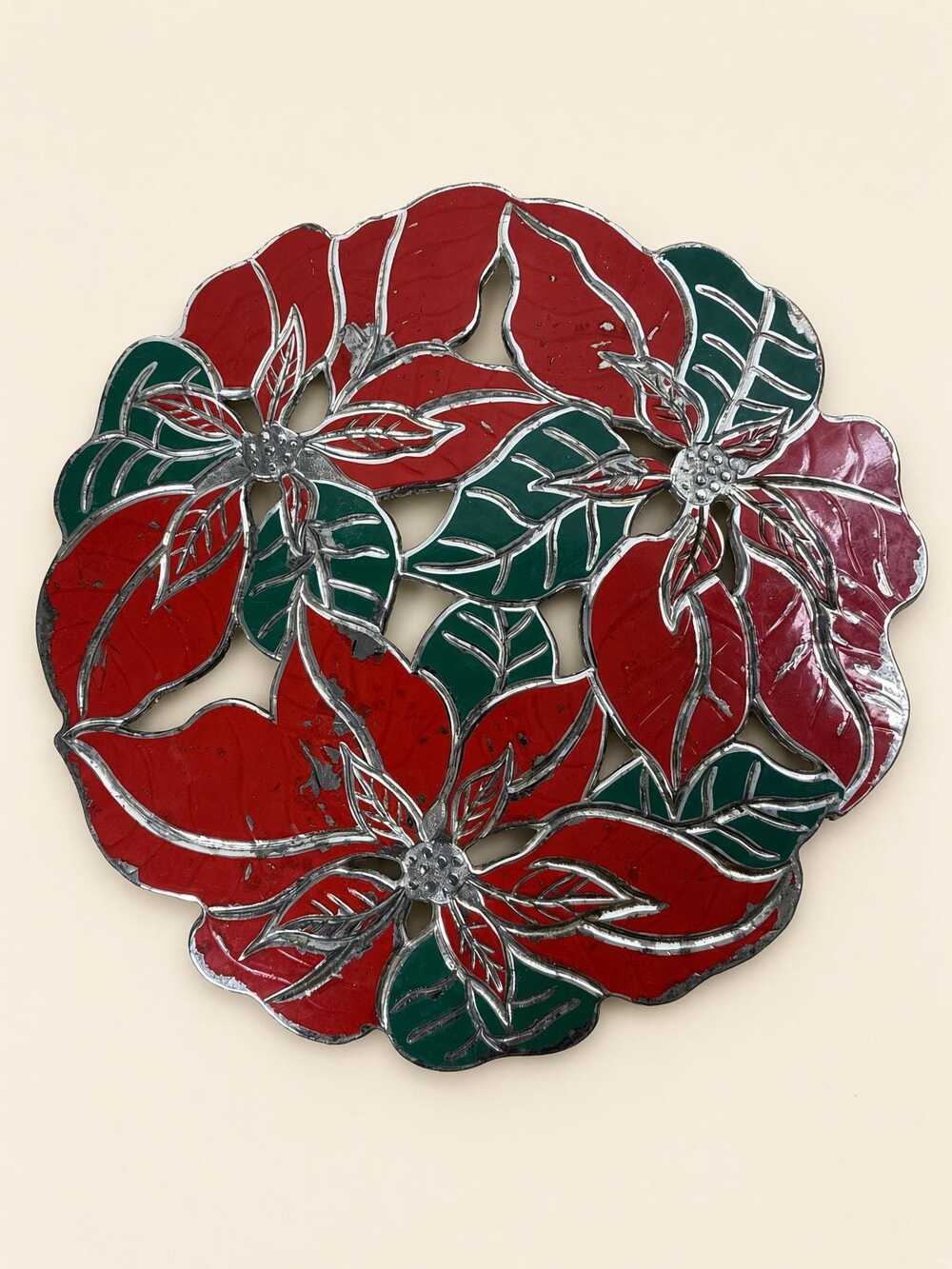Poinsettia Trivet, Japan Metal, Red Green Silver, Tarnish Resistant 8 Inch